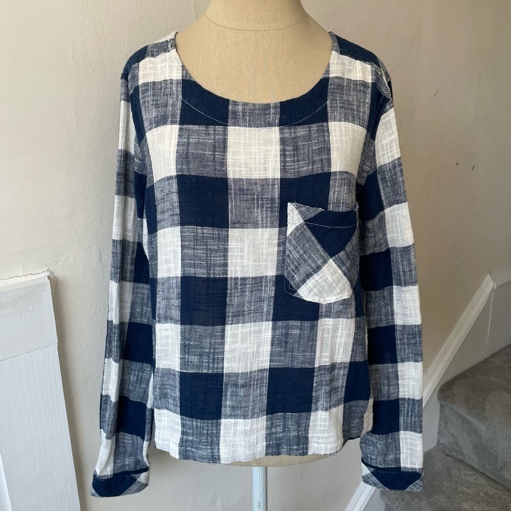 Anthropologie Cloth & Stone Buffalo Plaid Blue White Linen Top Button Back Sz S